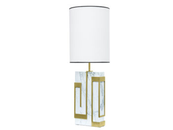Anaktae, grande lampe avec un socle rectangulaire en marbre blanc, ajouts de formes géométriques en bronze doré, abat jour cylindrique blanc avec galon noir