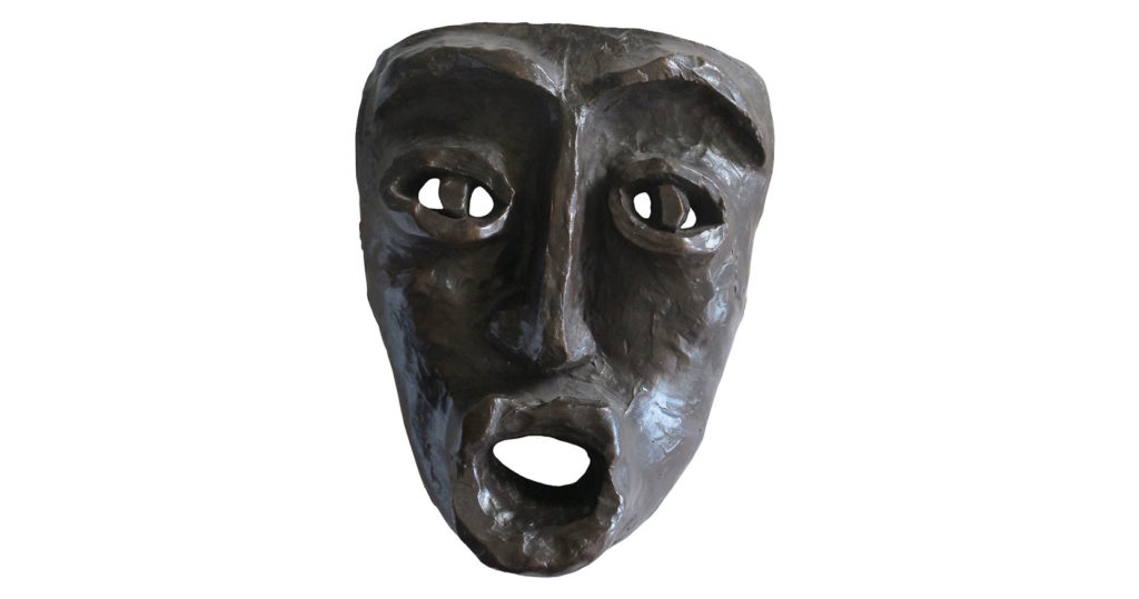 Elisabeth Garouste, Masque en forme de visage africain étonné stylisé, en bronze brun