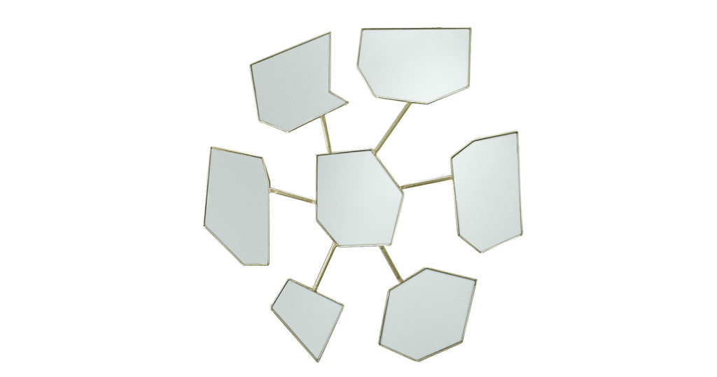 Elizabeth Garouste, miroir minimaliste en fer forgé argenté, constitué d'une partie centrale de forme géométrique entourée de 6 autres formes géométriques reliées par des tiges en fer forgé argentées