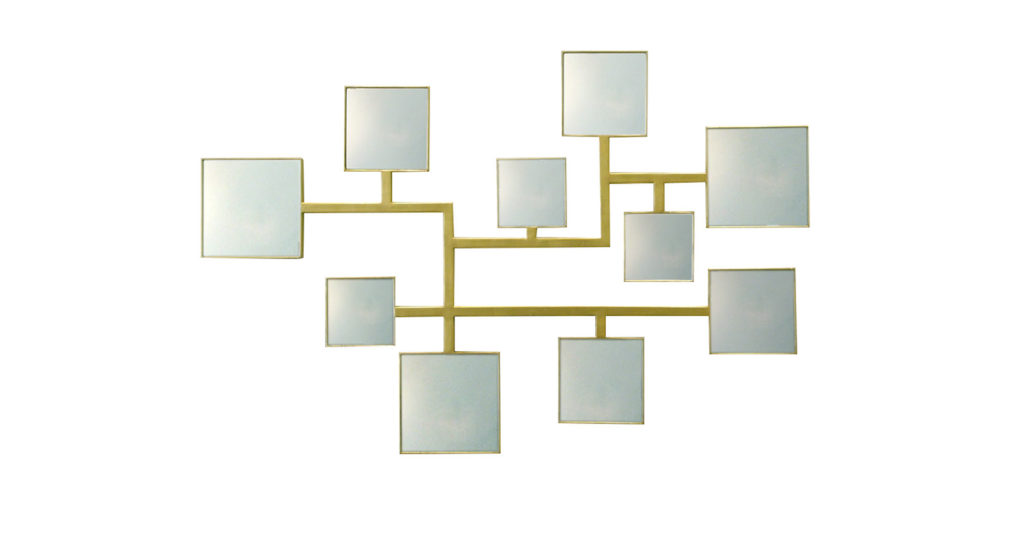 Elizabeth Garouste, miroir minimaliste et précieux en fer forgé or avec 10 miroirs carrés de tailles différentes reliés par des tiges en fer forgé or