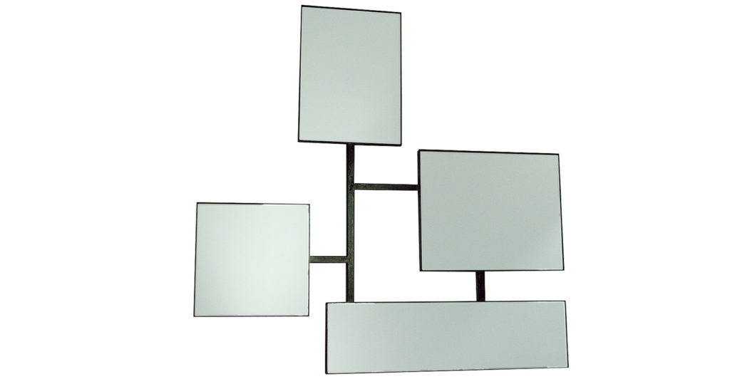 Elizabeth Garouste , miroir minimaliste en fer forgé brun avec 4 miroirs carrés et rectangulaires de tailles différentes reliés par des tiges en fer forgé brun