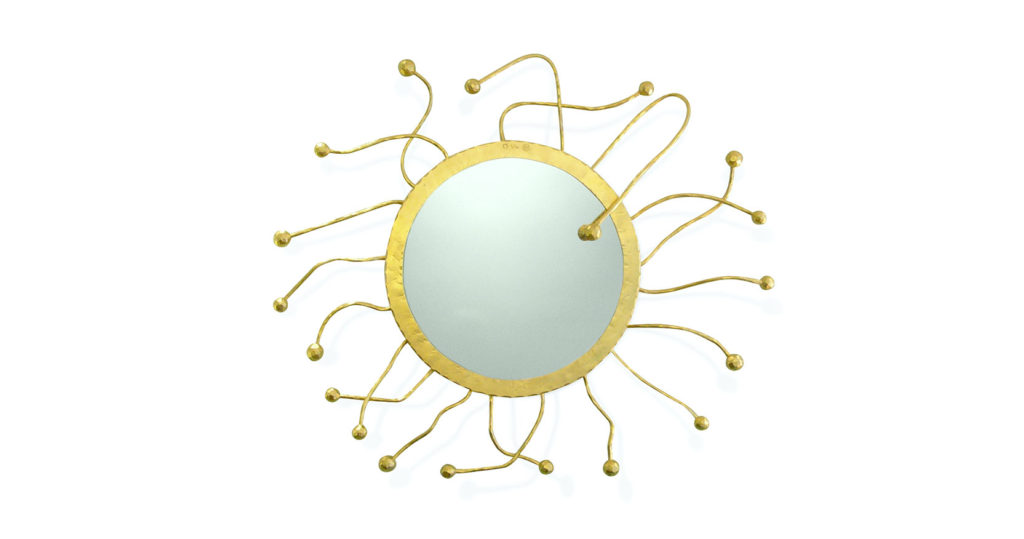 Elisabeth Garouste , miroir en, fer forgé doré en forme de soleil avec des rayons terminés par des boules
