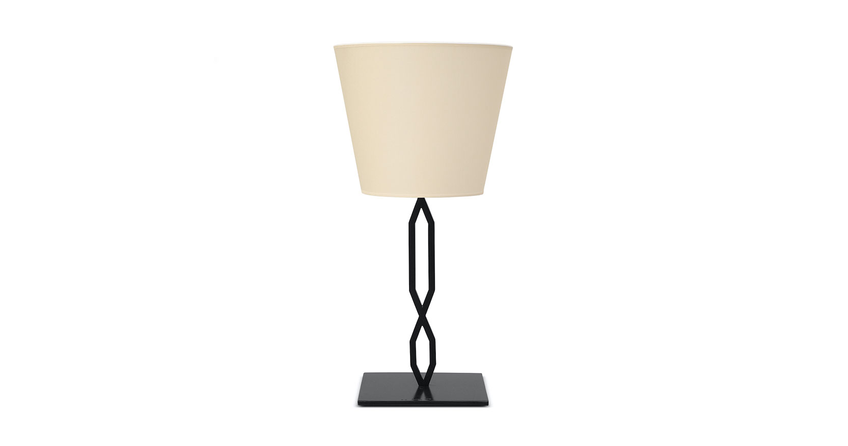 Eric Jourdan, lampe minimaliste en fer forgé noir, avec un socle carré, et deux tiges géométriques qui se croisent, abat jour beige de forme inversée