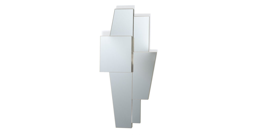 Eric Jourdan, miroir minimaliste vertical avec des figures géométriques d'épaisseurs différentes plaquées les unes sur les autres