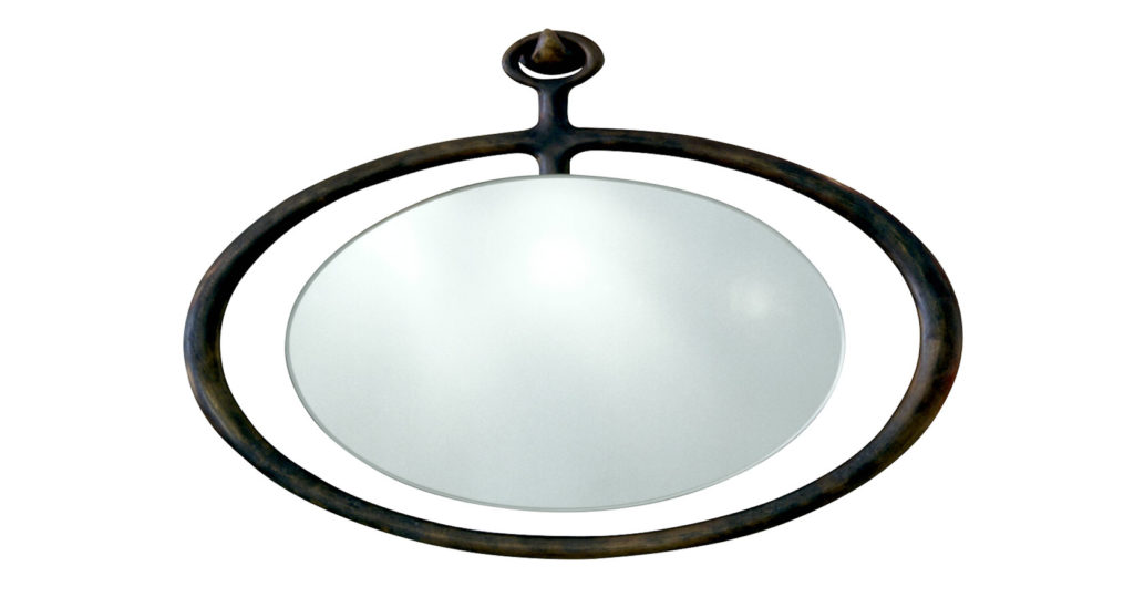 Eric Robin, miroir minimaliste en bronze brun ovale horizontal, avec un miroir ovale plus petit qui flotte dans el vide, crochet en bronze brun