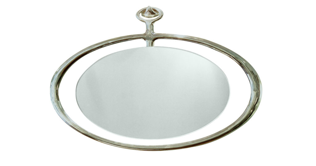 Eric Robin, miroir minimaliste en bronze argent ovale horizontal, avec un miroir ovale plus petit qui flotte dans le vide, crochet en bronze argent