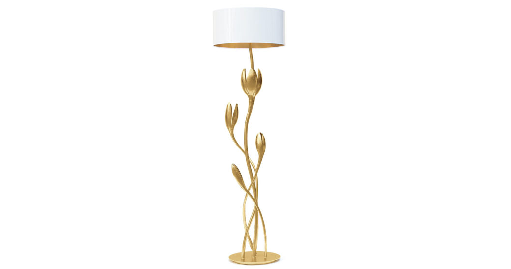 Eric Robin, spectaculaire lampadaire sculpture, avec un socle rond en fer forgé doré et des tiges de grosses fleurs stylisées, grand abat jour ovale blanc