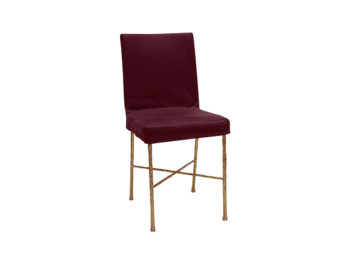 Garouste Bonetti, chaise minimaliste pieds en fer forgé doré avec une croix qui relie les pieds, assise et dossier tapissés en tissu violet