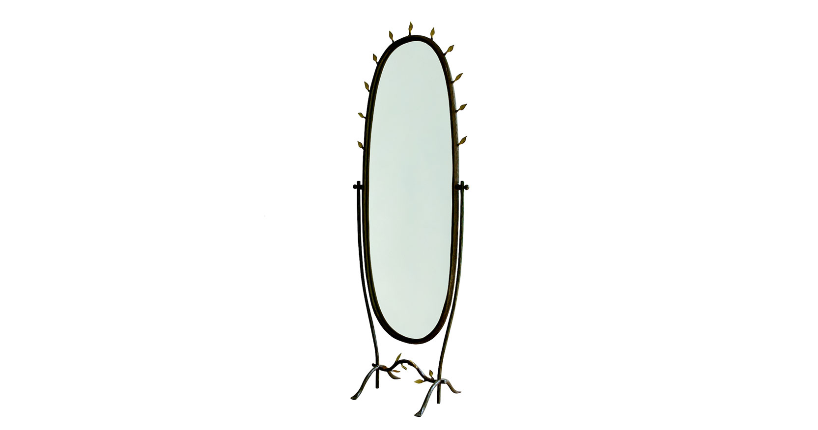 Garouste Bonetti, grand miroir sur pied ovale, entourage en fer forgé noir entouré de feuilles dorées