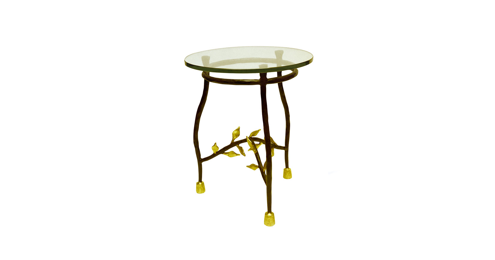 Garouste Bonetti, patite table ronde avec plateau de verre, 3 pieds courbés en fer forgé noir avec des petites feuilles dorées