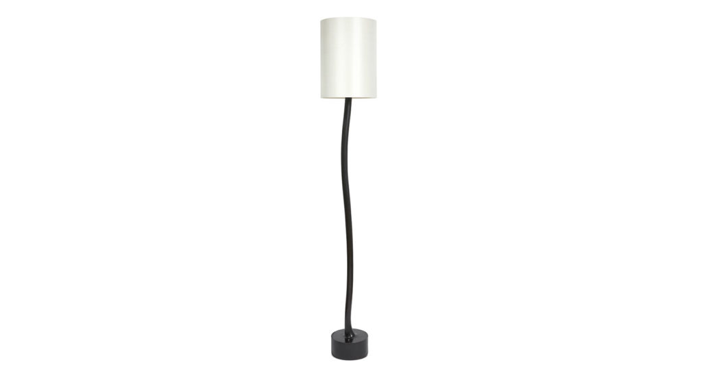 Mattia Bonetti, lampadaire minimaliste en bronze noire tige sinueuse partant d'un socle rond, et abat jour cylindrique blanc