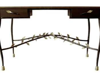 Garouste Bonetti, desk with legs in curved brown wrought iron on which there are many golden leaves, top in dark wood with 2 drawers, handles with a shape of leaves