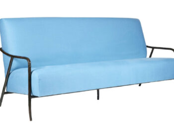 minimalist light blue sofa, with legs in black wrought iron created by Eric Jourdan,