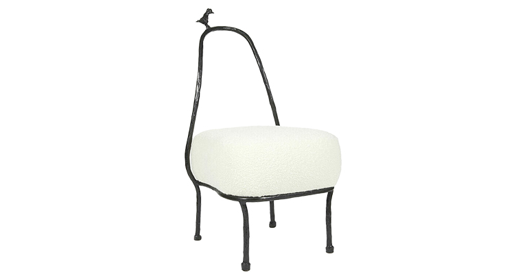 Eric Schmitt, chair with structure in black bronze. A tiny bird on the top of the curved bronze back. Seat upholstered with white fabric on the seat.