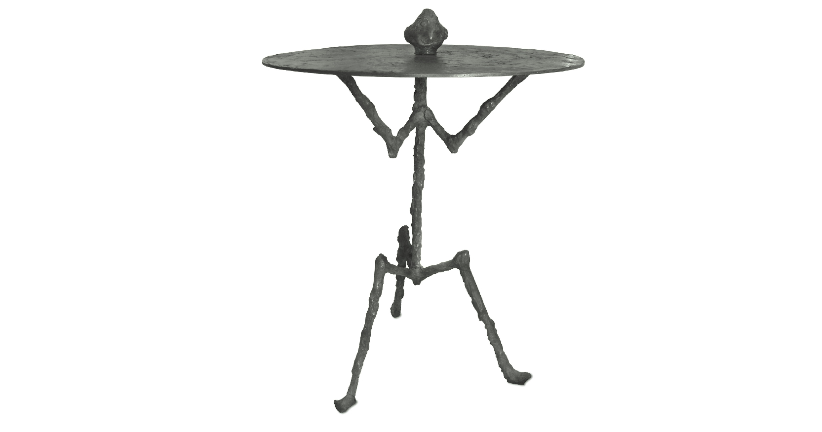 Elizabeth Garouste, small table sculpture round top in green bronze, in the shape of a stylized body, the head in the middle of the round top, two stems like arms, 3 stems evoking legs