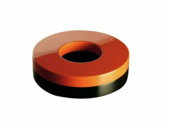 Andrée Putman, round box in black and orange lacquered wood, with a hole in the middle