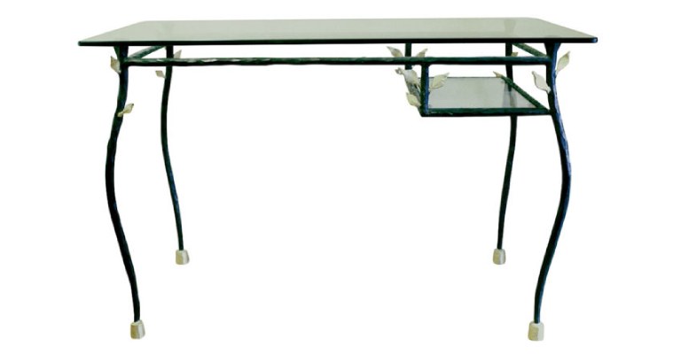 Garouste Bonetti, contempary desk with legs in curved brown wrought iron on which there are silvered leaves, top in glass