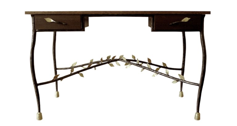 Garouste Bonetti, amazing desk with legs in curved brown wrought iron on which there are many golden leaves, top in dark wood with 2 drawers, handles with a shape of leaves