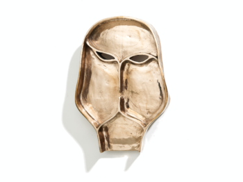 Eric Jourdan, applique masque en bronze doré, en forme de visage mystérieux et antique