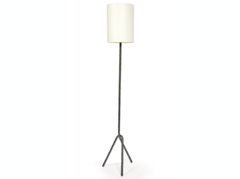 standing lamp by Mattia Bonetti, with a stick in brown wrought iron, which ends with 3 legs, cylindrical white shade