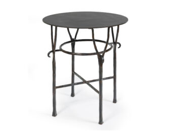 petite table ronde garouste bonetti, 4 pieds en fer forgé brin, plateau en métal brun