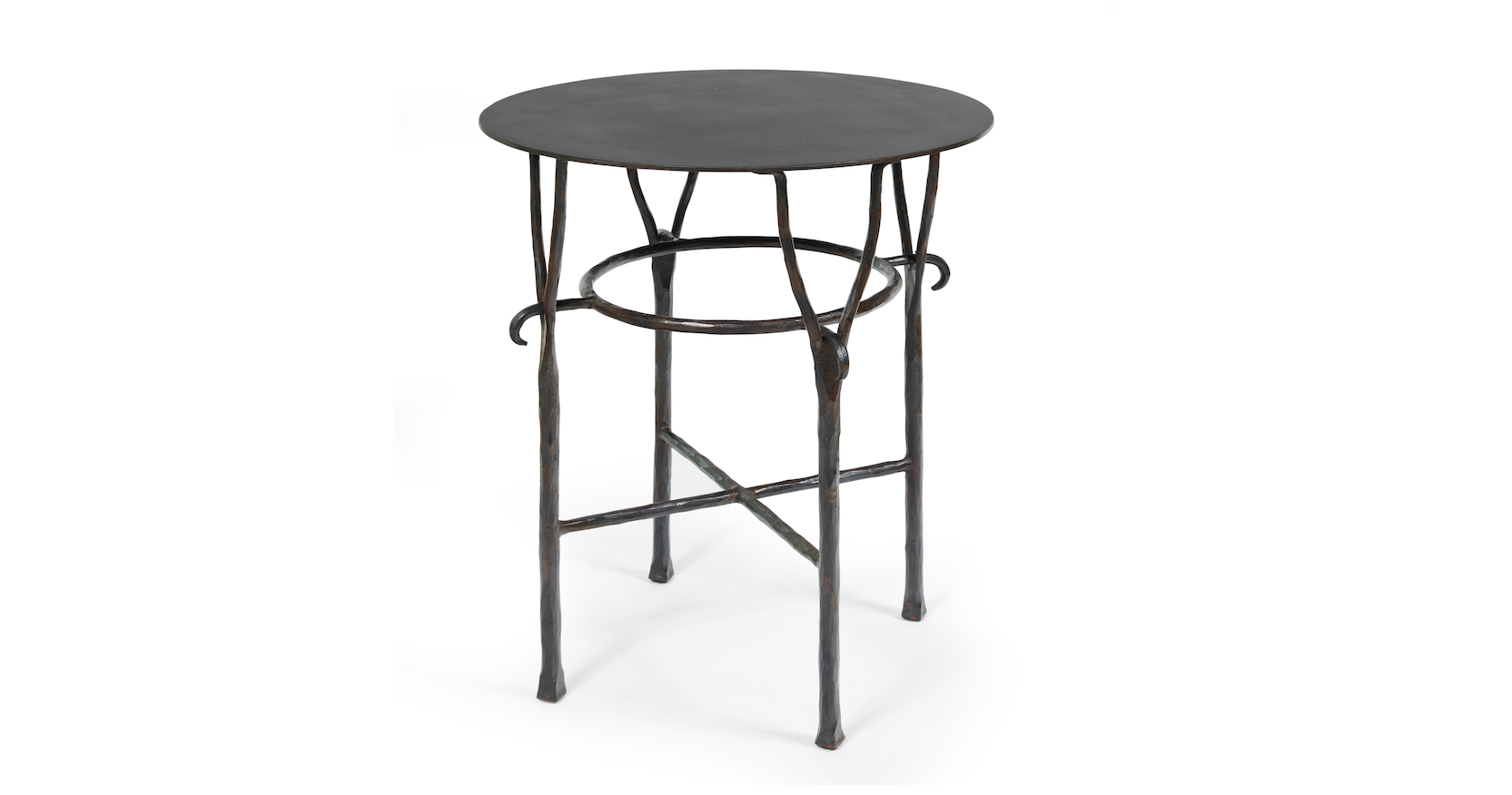 petite table ronde garouste bonetti, 4 pieds en fer forgé brin, plateau en métal brun