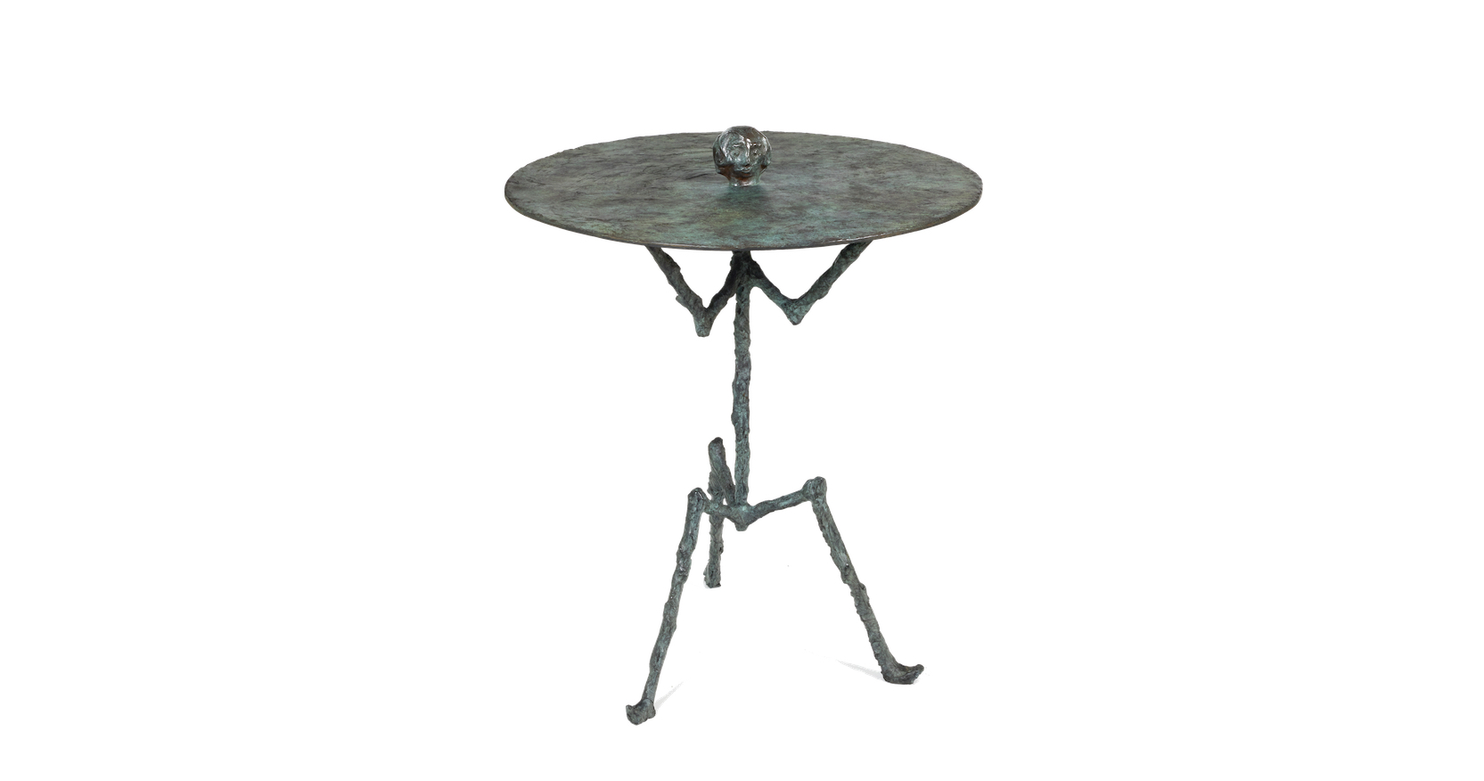 Elizabeth Garouste guéridon en bronze vert avec 3 pieds, un plateau rond avec au milieu le visage d'une femme qui sourit