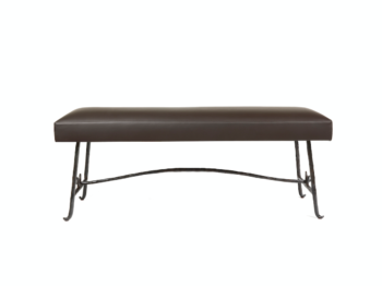 garouste bonetti, rectangular bench with a brown leather seat and brown wrought iron legs