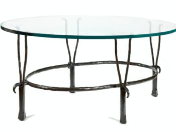 Garouste Bonetti, oval coffee table, top in glass, legs in brown wrought iron, with end at the top with 2 branches
