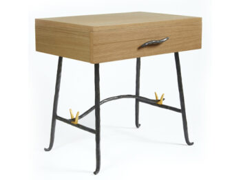 Garouste Bonetti, bedside table, curved legs in black wrought iron, with golden ornaments, top with drawer in light wood