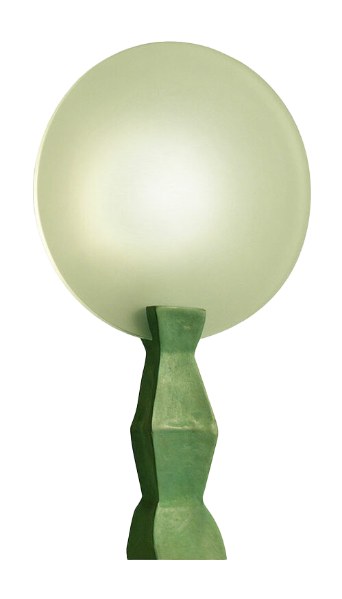 Garouste Bonetti, lamp with a base in solid green bronze with the shape of an african totem, surrounded by a sanded circular glass