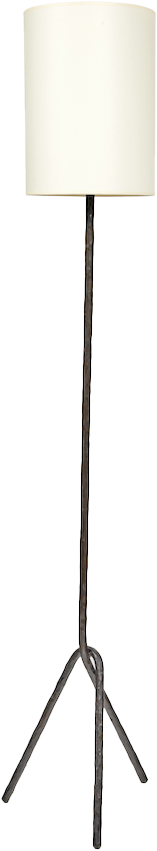 Mattia Bonetti, lampadaire en fer forgé noir, pied en forme de tige qui se divise en 3 , abat jour cylindrique blanc