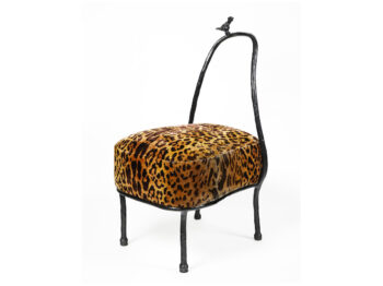 Eric Schmitt, chair in black bronze with a small bird in bronze, and a seat covered with a panther fabric
