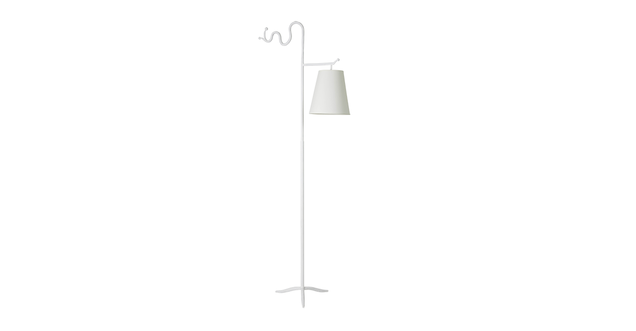 Garouste Bonetti, floor lamp in white wrought iron, with a stick and a curvy ornament at the top