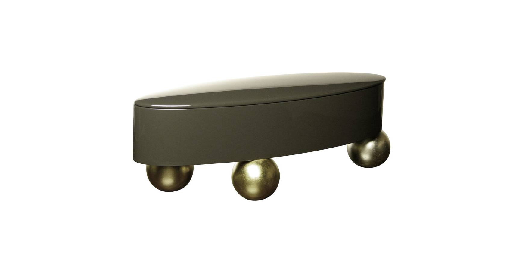Andrée Putman, oval box in lacquered grey wood, 3 round legs in gold bronze