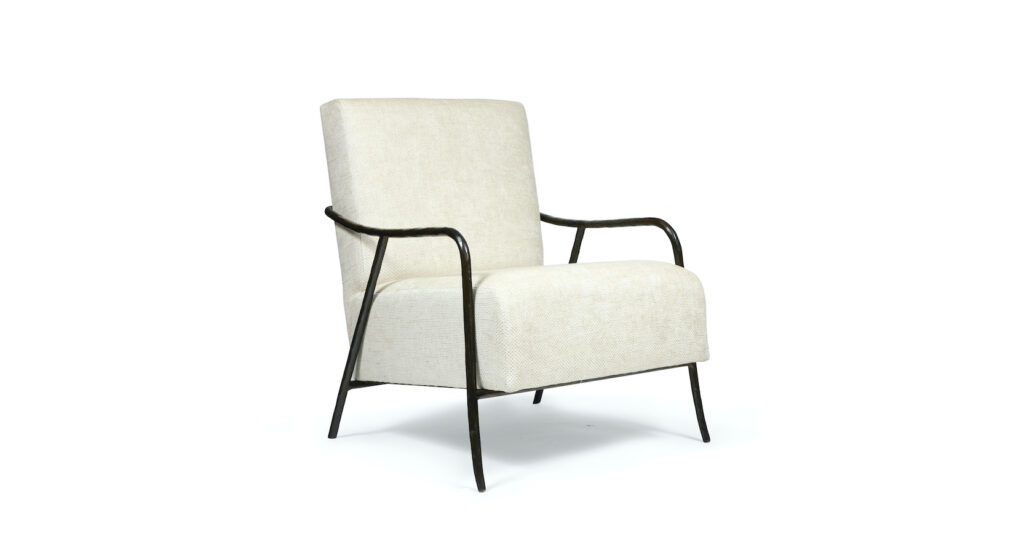 eric jourdan, big armchair in black wrought iron, seat and back in a white fabric