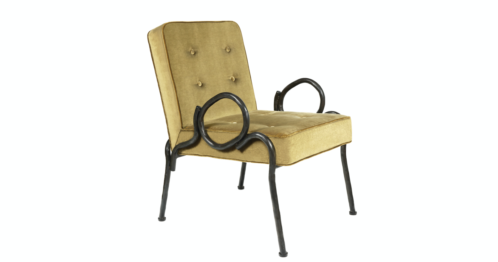 Eric Schmitt armchair in brown wrought iron, seat and back covered with green velvet
