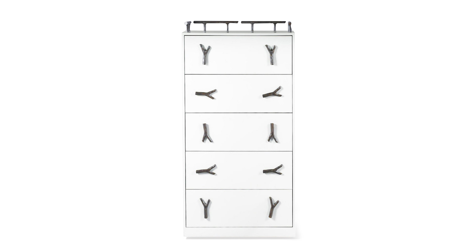 garouste bonetti, chest of 5 drawers in white parchment, handles in black bronze in a Y shape