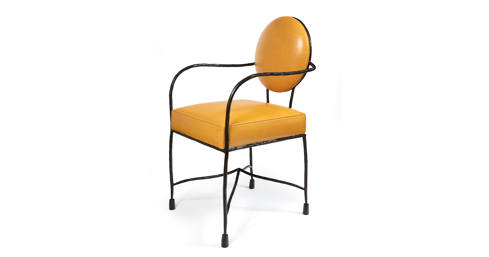 garouste bonetti, armchair with a brown wrought iron structure, seat and back in yellow leather