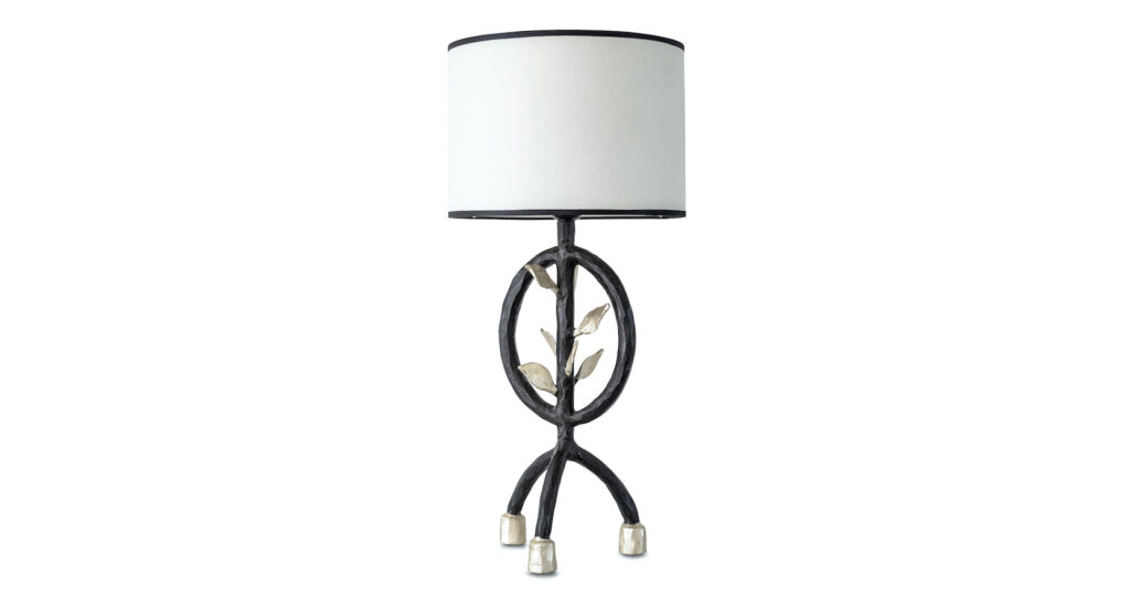 Garouste Bonetti, lamp with 3 legs in brown wrought iron, with small silvered leaves, white round shade