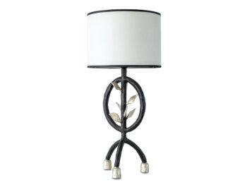 Garouste Bonetti, lamp with 3 legs in brown wrought iron, with small silvered leaves, white round shade