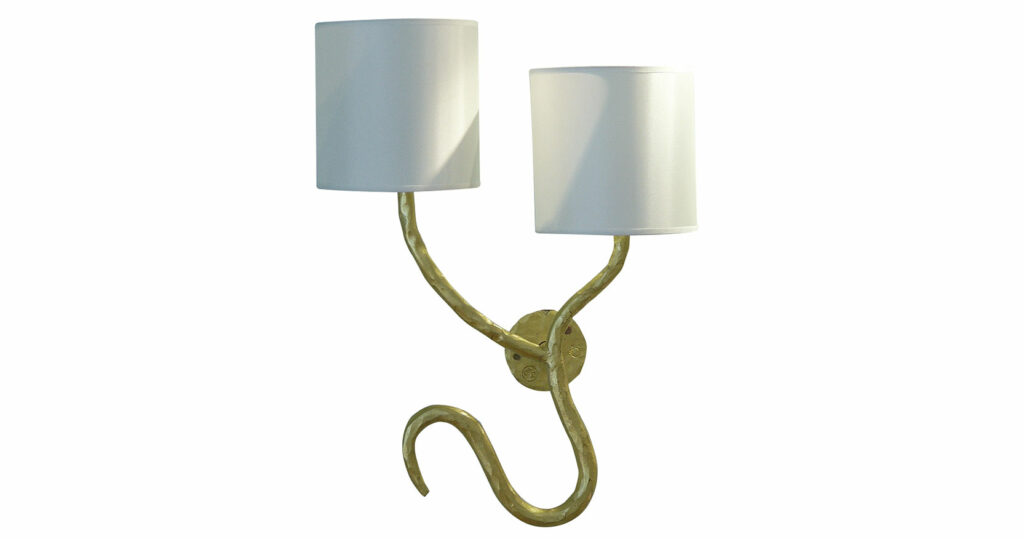 Elizabeth Garouste, baroque wall lamp with two white screens and two golden arabesque-shaped stems