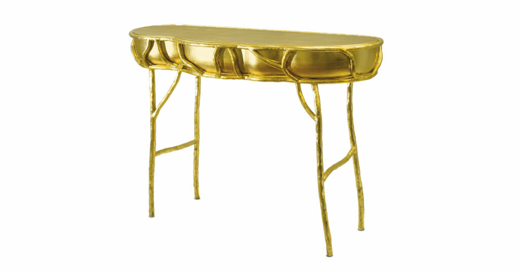 Elizabeth Garouste, spectacular and baroque console table, entirely covered in gold, gilded carved wooden top rounded on the edge, wrought iron legs are also gilded