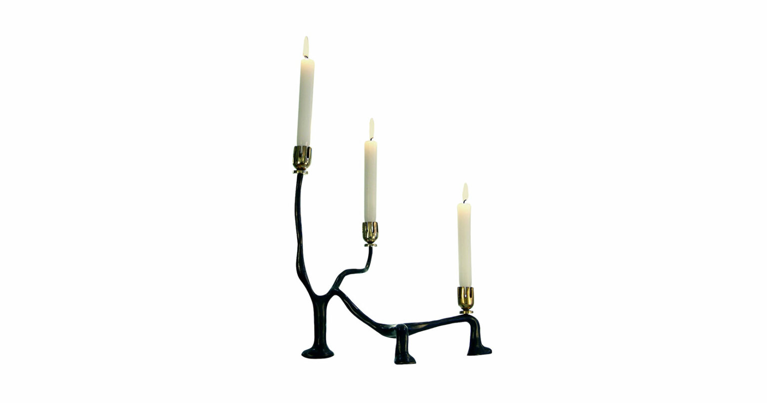 Elizabeth Garouste, black 3-branch candlestick with 3 feet, and 3 sinuous stems ending in 3 gold candle holders with 3 white candles