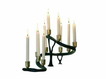 Elizabeth Garouste, large black minimalist candlestick in the shape of a sinuous spiral in patinated bronze, with 10 polished bronze candle holders