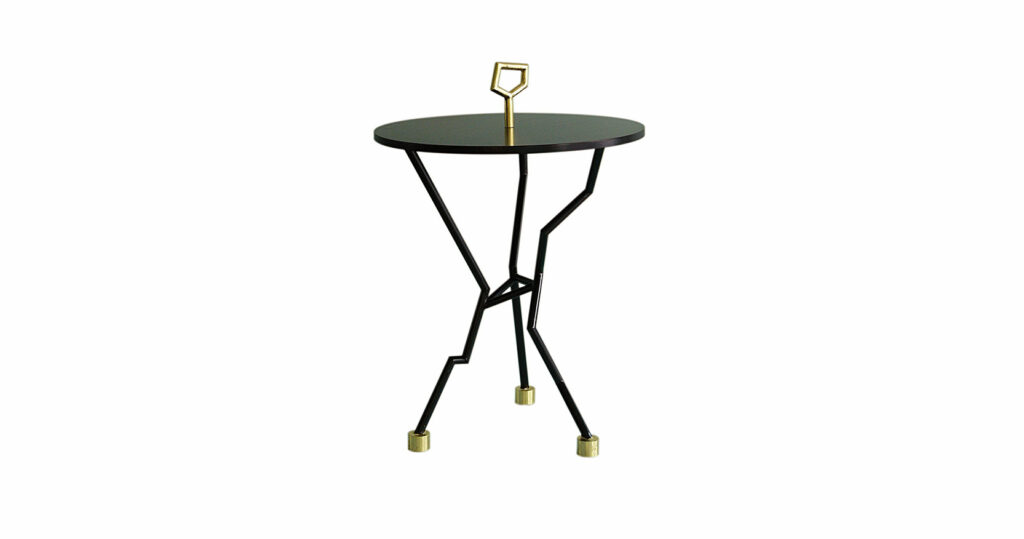 Elizabeth Garouste Small sculptural round tabe The tripod legs are distorted with a graphic fractal effect support a round wooden top wth a stylised gilded handle in the middle. The feet are also gilded.
