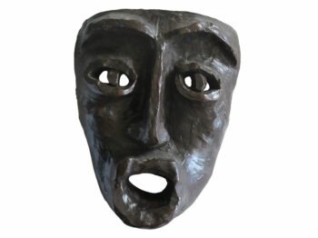 Elizabeth Garouste, primitive mask in the shape of a stylized astonished African face, in brown bronze