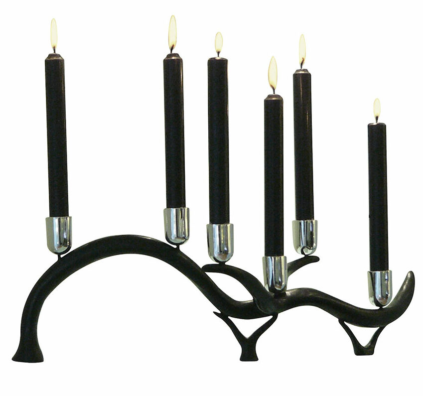Elizabeth Garouste, black bronze candlestick with 3 legs, and a sinuous horizontal rod carrying 6 silver candle holders with 6 black candles
