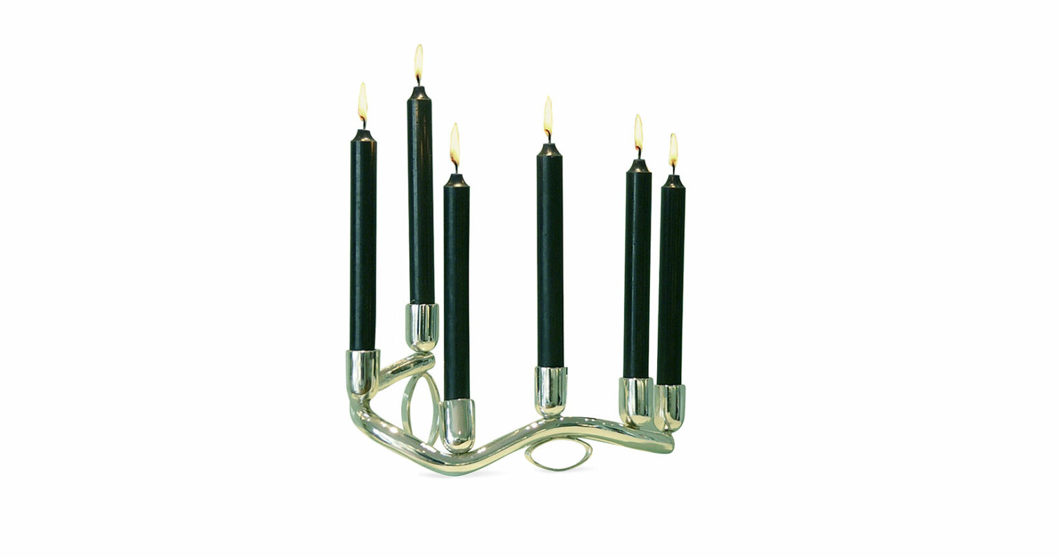 Elizabeth Garouste, silvered bronze candlestick with 6 black candles, in the shape of a curve supported by two ovals