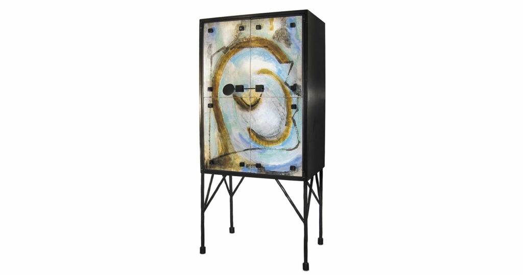 Elisabeth Garouste, artistic cabinet, structure in metal and black wrought iron, legs in black wrought iron, two ceramic doors with an original multicolored drawing by the artist